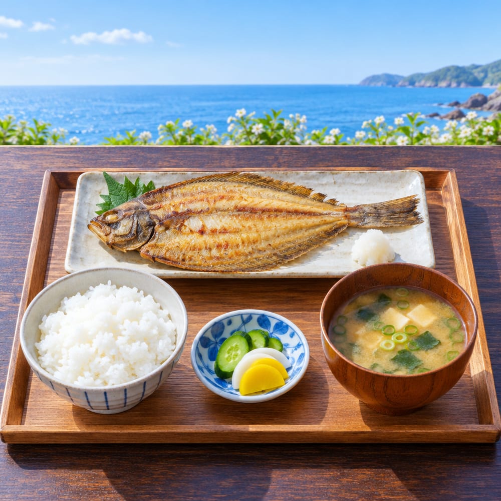 干物を焼いた定食の皿